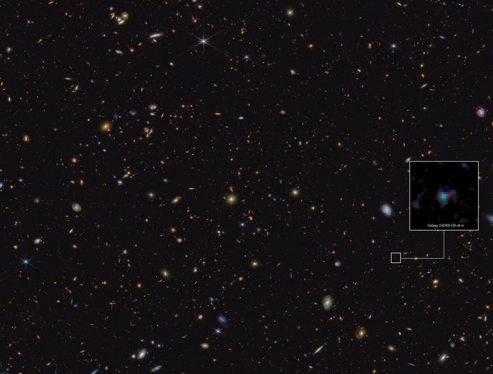 This image highlights the location of the galaxy JADES-GS-z6 in a portion of an area of the sky known as GOODS-South, which was observed as part of the JWST Advanced Deep Extragalactic Survey, or JADES.
