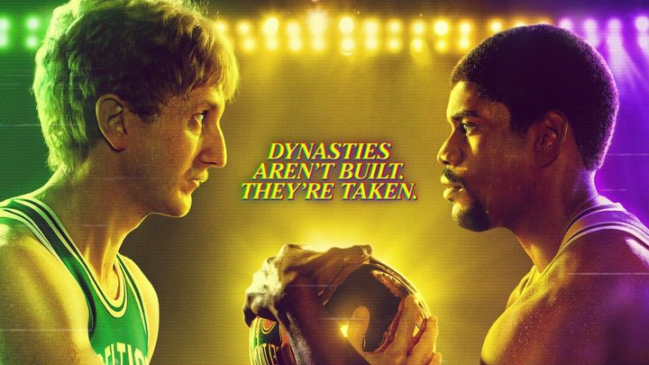 Two basketball players grab a golden ball in Winning Time.