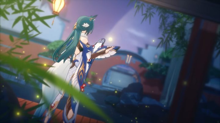 back of fox-eared woman with blue hair holding bird-shaped device