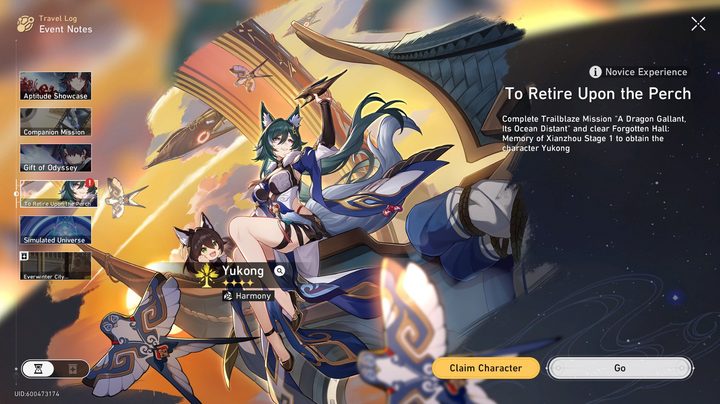 yukong travel log promotional banner with highlighted claim character button