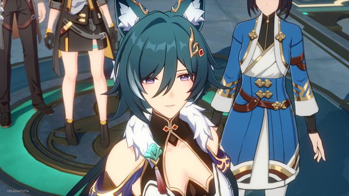 Blue-haired fox lady leading group of people