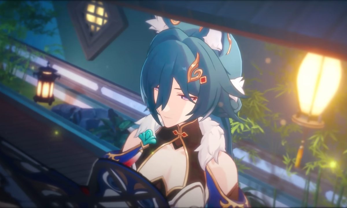closeup of blue fox-eared woman