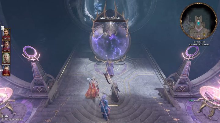A party of adventurers approaching a giant purple mirror.