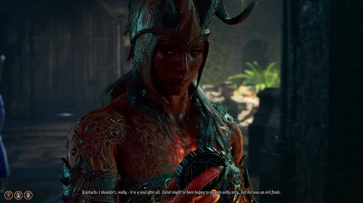 Karlach holding a soul coin in surprise.