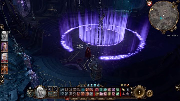 A statue with purple markings glowing on the floor.