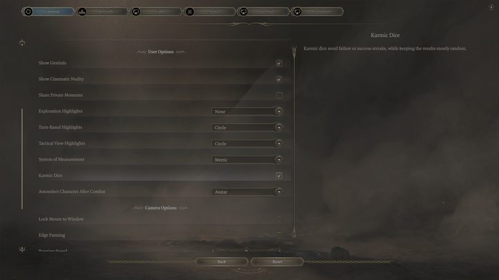 The karmic dice option in Baldur's Gate 3.