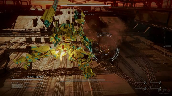A green and yellow mech fighting a spider boss mech.