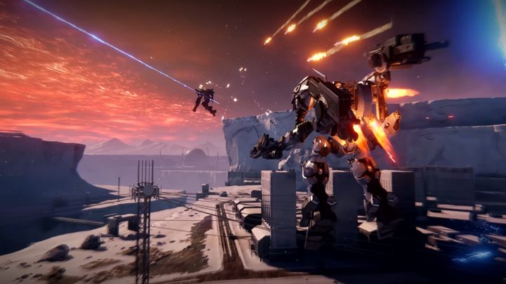 A mech flying in the air shooting missiles at another mech.