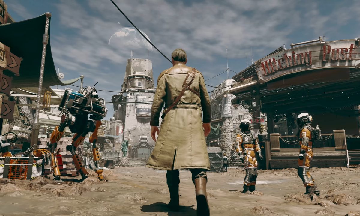 A man walking into a dusty town on another planet in starfield.