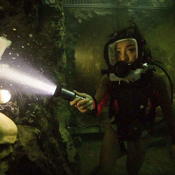 A scuba diver shines a flashlight in 47 Meters Down: Uncaged.