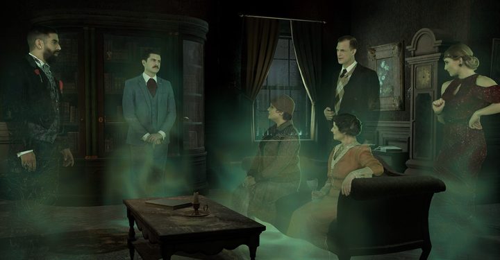 Ghost stand around a living room in The 7th Guest VR.
