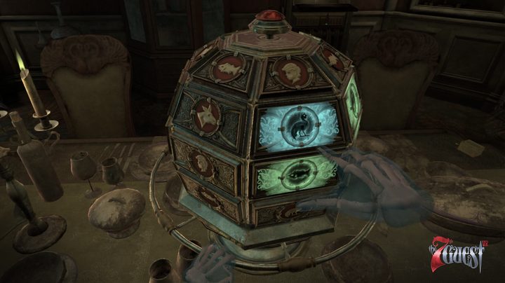 A player interacts with a round puzzle device in The 7th Guest VR.