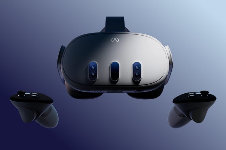 A product shot of the Meta Quest 3 shown in dramatic lighting over a gradient background.