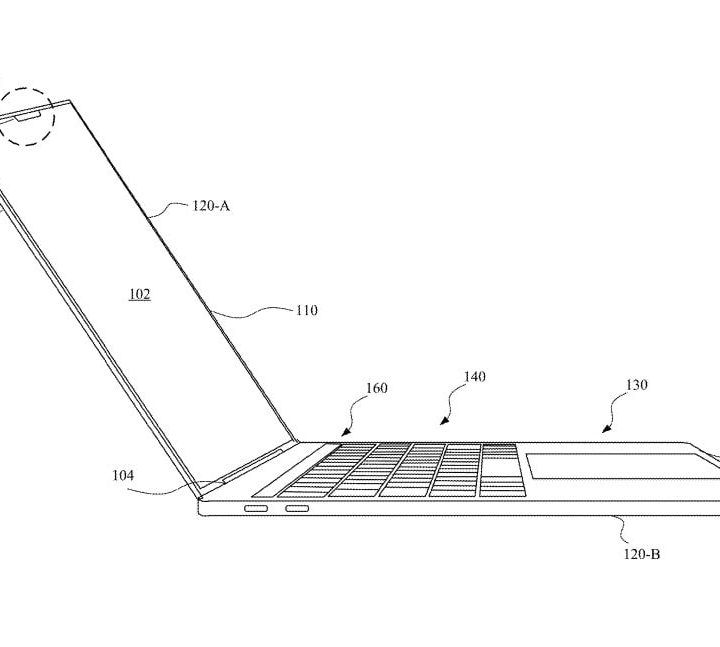 An Apple patent illustration showing a MacBook with Face ID built into its notch.
