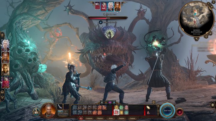 Three warriors fightingg a giant snake monster with eyes.