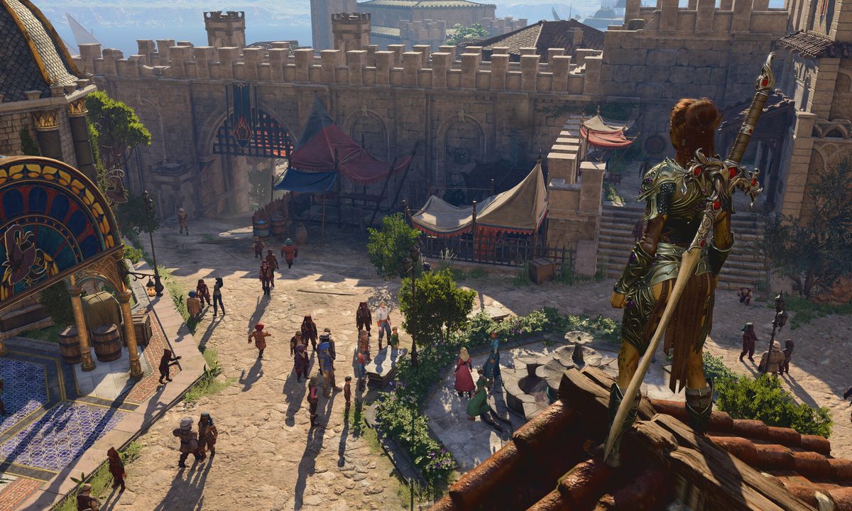 A knight standing on a roof above a village.