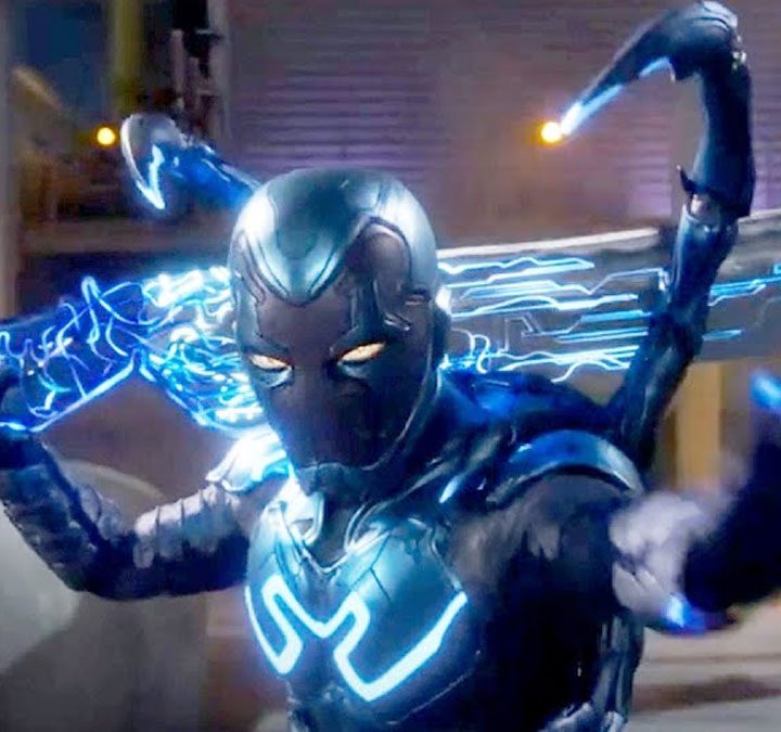 Blue Beetle wielding a sword in "Blue Beetle."