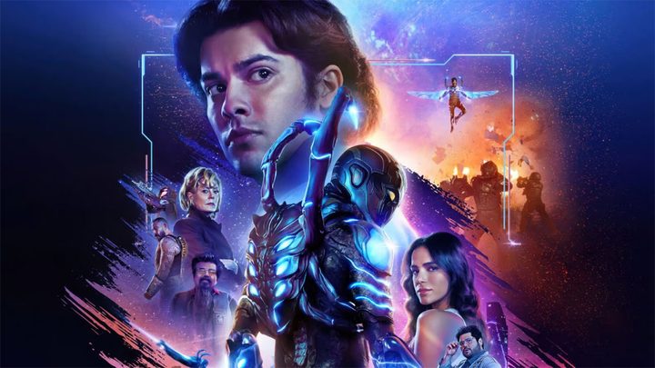 The official poster for Blue Beetle with portraits of the cast.