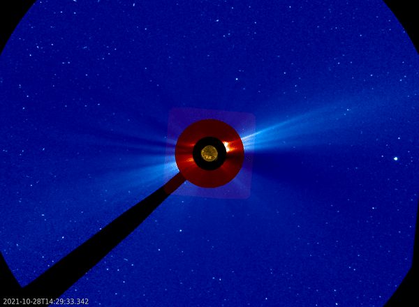 A coronal mass ejection as seen by SOHO on 28 October 2021. This event is an example of a rare ‘ground level enhancement’. During these events, particles from the Sun are energetic enough to pass through the magnetic bubble that surrounds Earth and protects us from less energetic solar outbursts. This was only the 73rd ground level enhancement since records began in the 1940s, and none have been recorded since.