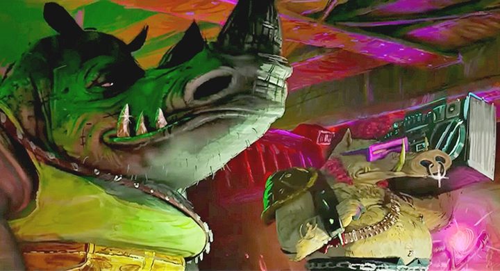 Rocksteady and Bebop chill out in TMNT: Mutant Mayhem.
