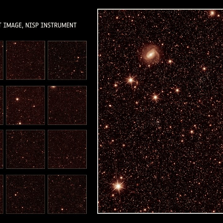The image on the left shows the full NISP field of view, with the zoom-in on the right (4% of NISP’s full field of view).