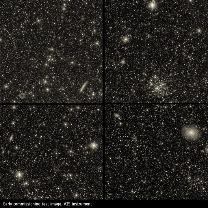 This first VIS image taken by Euclid shows spiral and elliptical galaxies, distant stars, and star clusters.