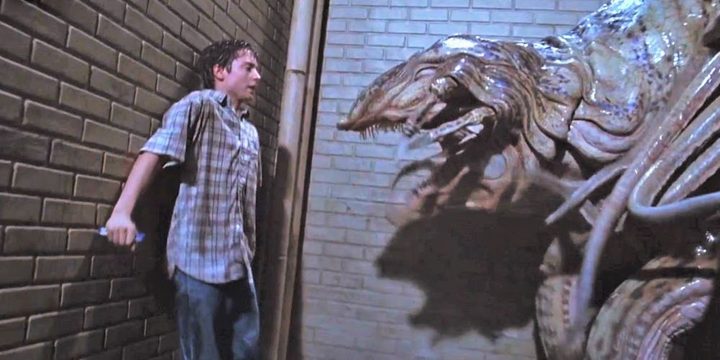 Elijah Wood gets cornered by a giant alien in The Faculty.