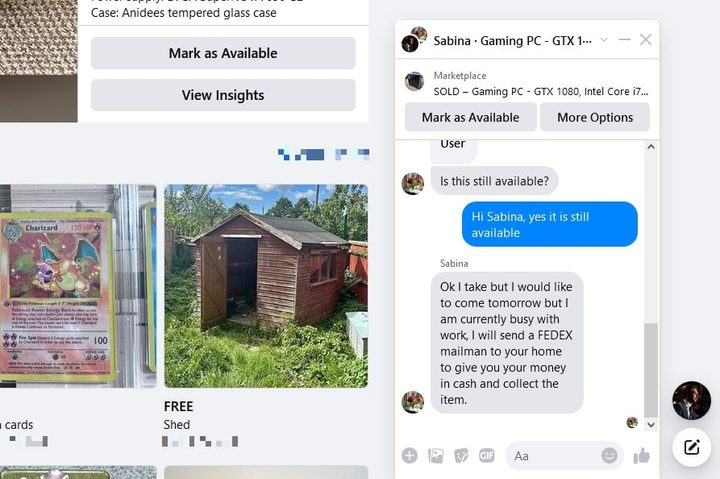 A message from a suspected scammer on Facebook Marketplace.
