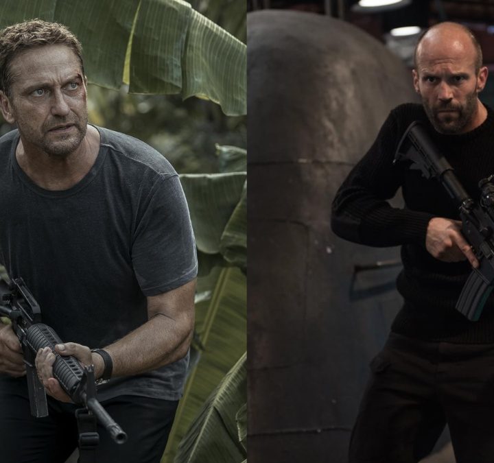Gerard Butler and Jason Statham hold guns.