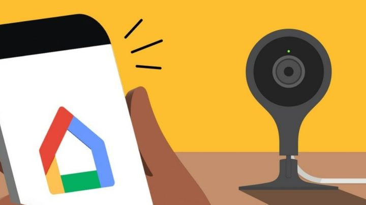 A cartoon depiction of the Google Home app and Nest Cam Indoor.