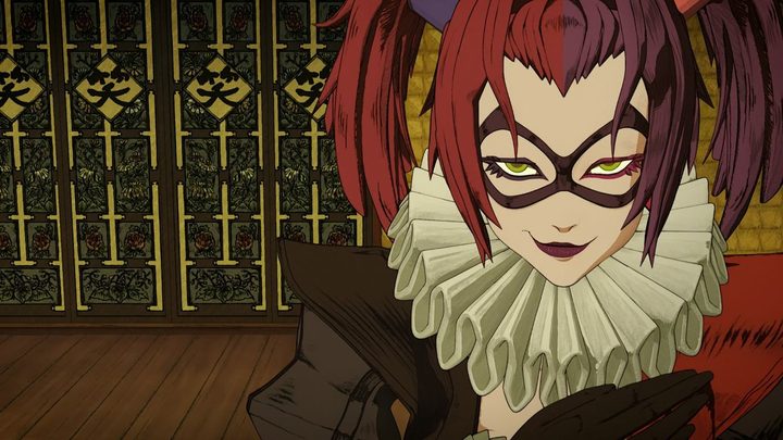 A close-up of Harley Quinn smiling in the animanted movie Batman Ninja.