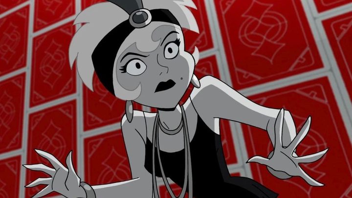 Harley Quinn looking alert in the animated show Batman: The Brave and the Bold.