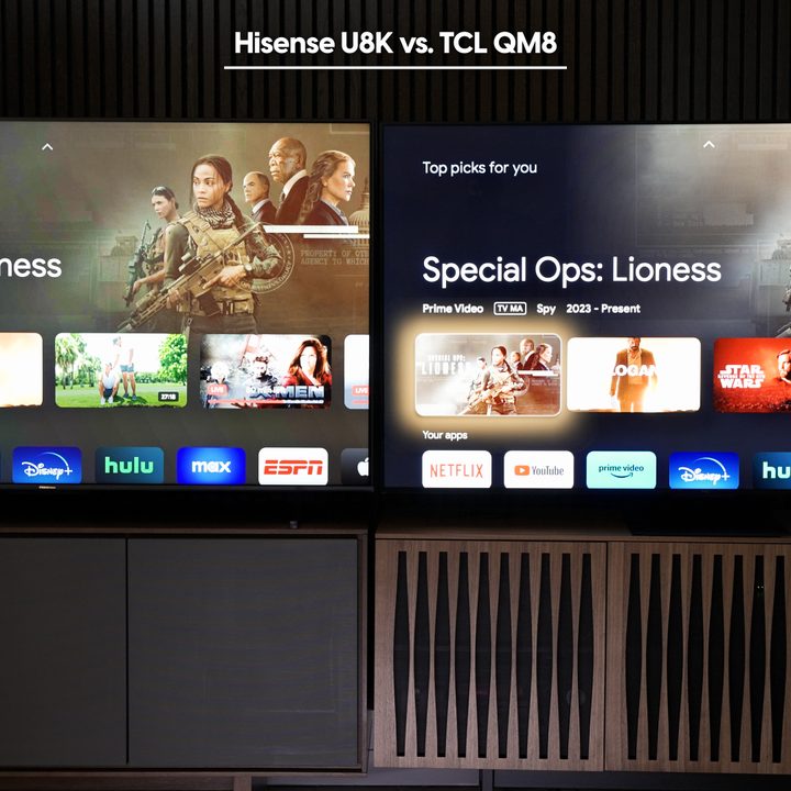 A side by side comparison of native apps on the Hisense U8K vs TCL QM8.
