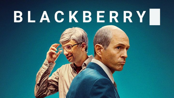 Jay Baruchel and Glenn Howerton as Mike Lazaridis and Jim Balsillie in a poster for BlackBerry.