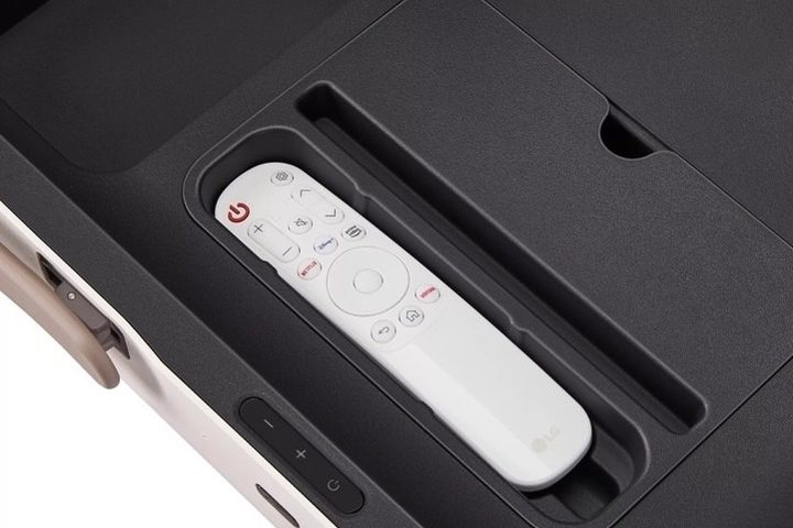 LG StanbyMe Go 27-inch touchscreen suitcase TV remote control.