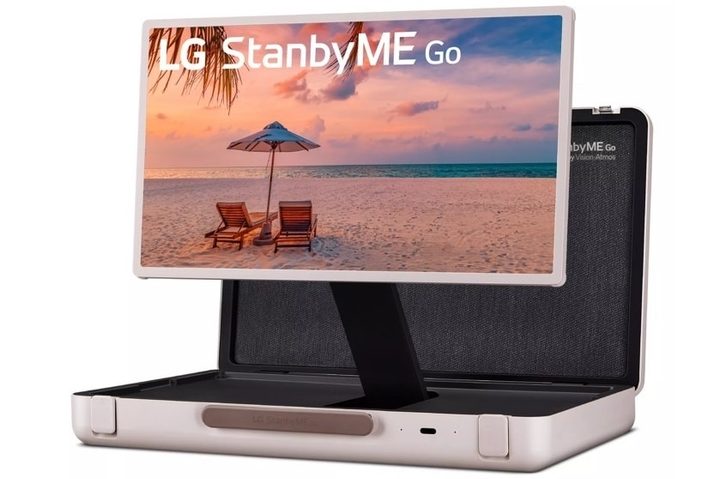 LG StanbyMe Go 27-inch touchscreen suitcase TV with screen elevated out on a stand.