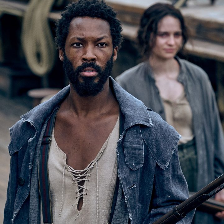 Corey Hawkins and Aisling Franciosi look concerned on deck.