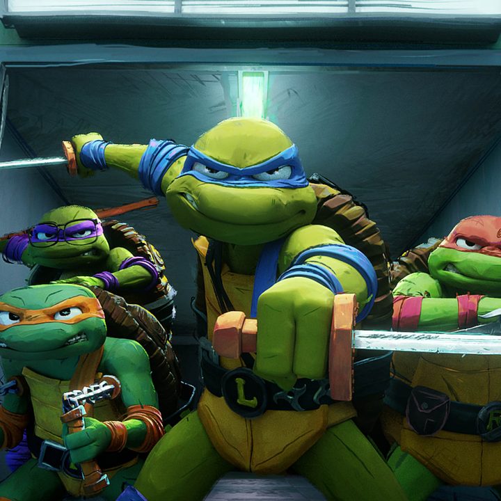 Leonardo stands in front of his brothers in Teenage Mutant Ninja Turtles: Mutant Mayhem.