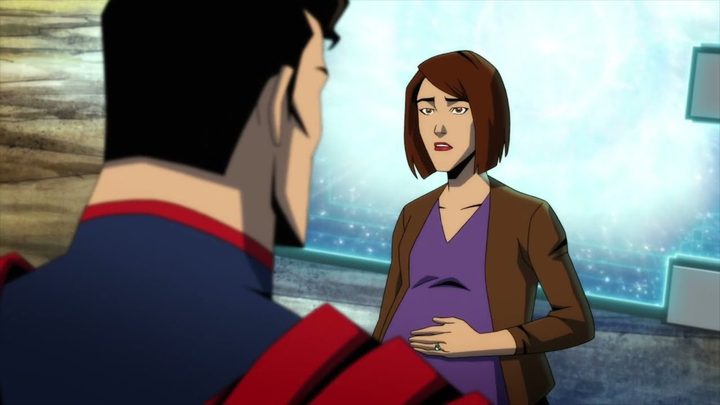 A pregnant Lois Lane facing Superman in the animated movie Injustice.