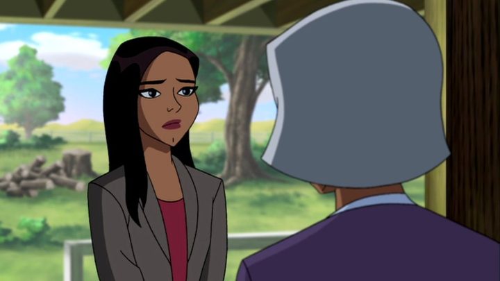 Lois Lane looking sad while standing at a doorstep in the movie Superman Doomsday.
