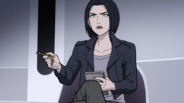 Lois Lane interviewing someone in the animated movie Superman: Man of Tomorrow.