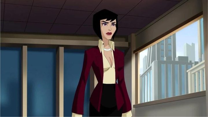 Lois Lane standing in an office in the animated movie Superman: Unbound.