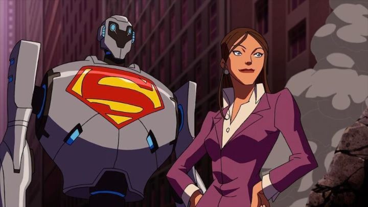 Lois Lane next to a Superman robot in the animated movie Superman vs. the Elite.