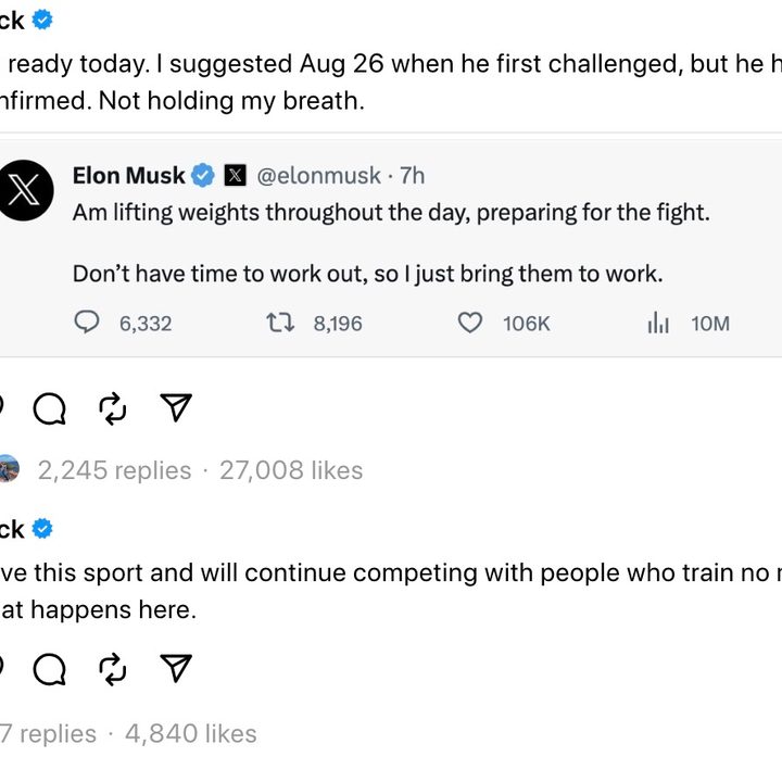 Mark Zuckerberg Threads screenshot about a fight with Elon Musk.