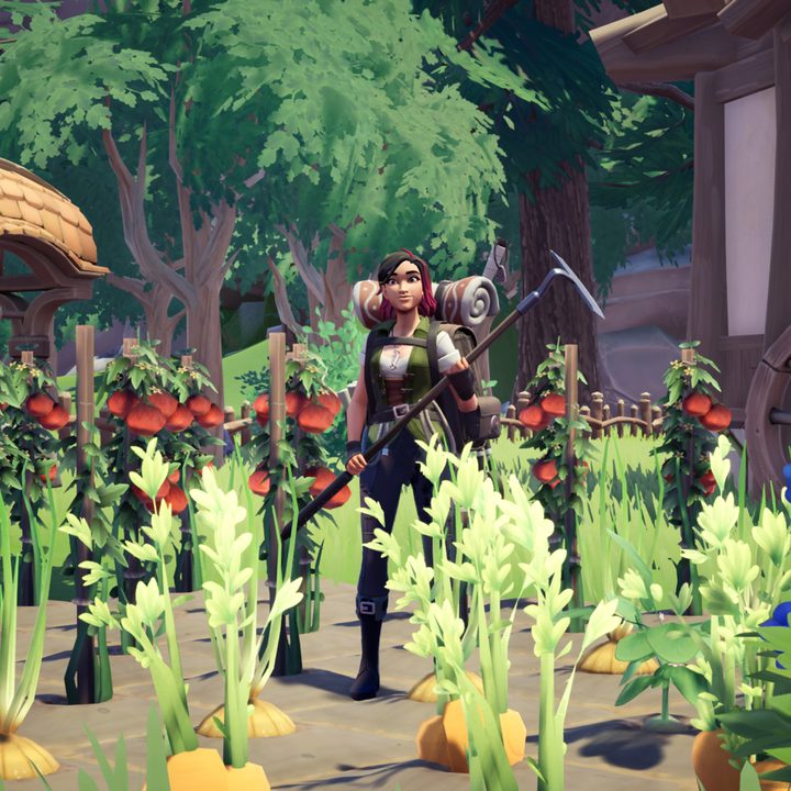 A character from Palia with tan skin, dark brown hair, and dressed in green holds a gardening tool. They are standing in a garden, surrounded by tomato plants.