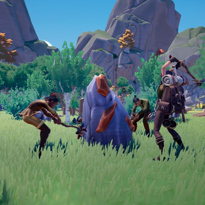Three Palia characters mine a rock together. The rock has additional brown resources of some sort sticking out. The characters are using pick axes to mine.