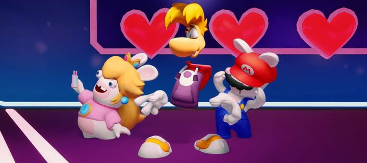 Rayman, Rabbid Mario, and Rabbid Peach in Mario + Rabbid Sparks of Hope: Rayman in the Phantom Show