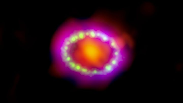 Astronomers combined observations from three different observatories (Atacama Large Millimeter/submillimeter Array, red; Hubble, green; Chandra X-ray Observatory, blue) to produce this colorful, multiwavelength image of the intricate remains of Supernova 1987A.