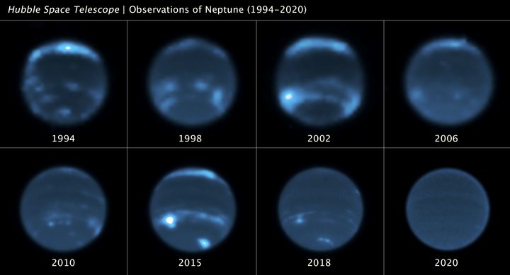 This sequence of Hubble Space Telescope images chronicles the waxing and waning of the amount of cloud cover on Neptune. This long set of observations shows that the number of clouds grows increasingly following a peak in the solar cycle – where the Sun's level of activity rhythmically rises and falls over an 11-year period.