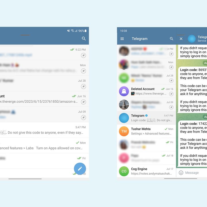 Samsung Galaxy Z Fold 5 multi view two columns in Telegram.